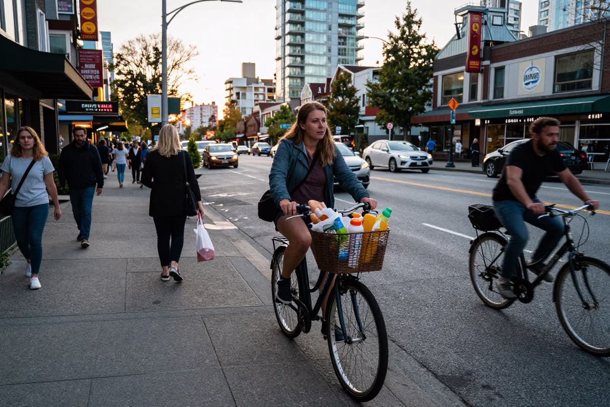 Busy Late Afternoon Vancouver Street Scene with Bicycle Basket and Hydrangeas in in Vancouver, British Columbia, Canada