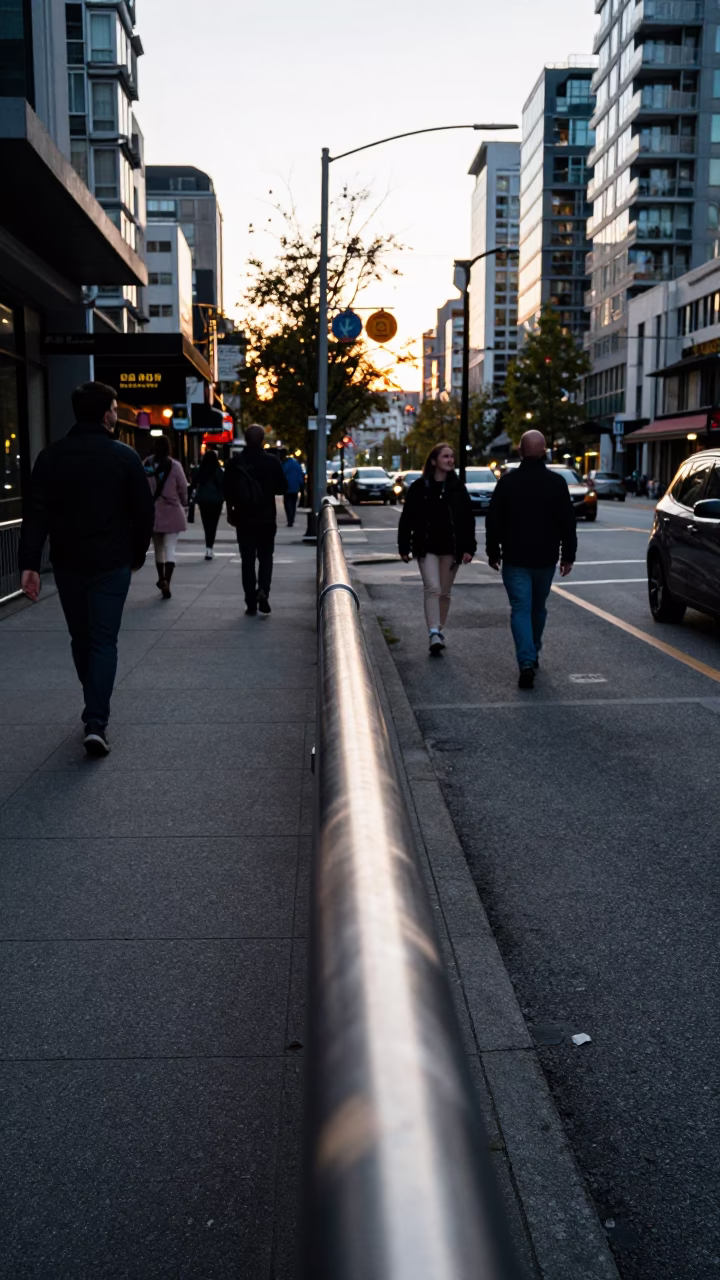 Busy Late Afternoon Vancouver Street Scene with Brushed Steel Rail and Casual Pedestrians in in Vancouver, British Columbia, Canada