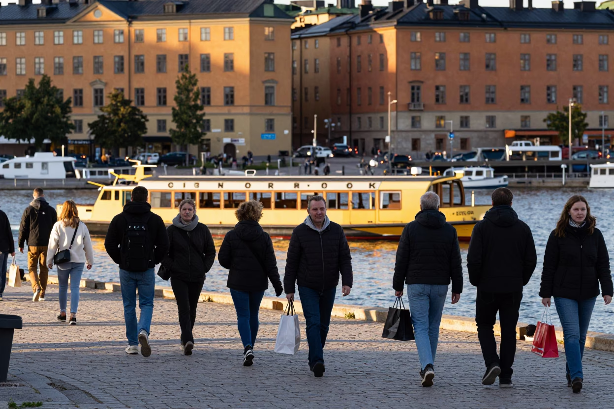 Busy Late Morning Stockholm Street Scene with Water Taxi Dock and Pedestrians in in Stockholm, Sweden