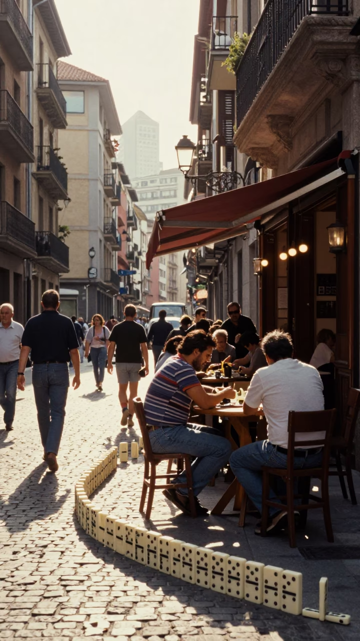 Busy Late Morning Street Scene in Bilbao Spain with Dominoes and Bottle on Cobblestone in in Bilbao, Spain