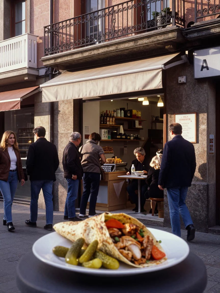 Busy Late Morning Street Scene in Bilbao Spain with Local Shop Details in in Bilbao, Spain