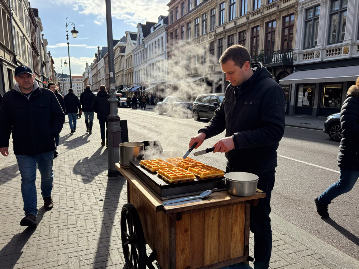 Busy Late Morning Street Scene in Brussels Belgium with Traditional Waffle Vendor and Pedestrians in in Brussels, Belgium