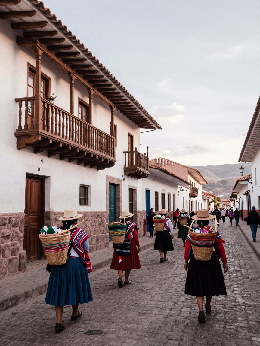 Busy Late Morning Street Scene in Cusco Peru with Traditional Textiles and Local Life in in Cusco, Peru