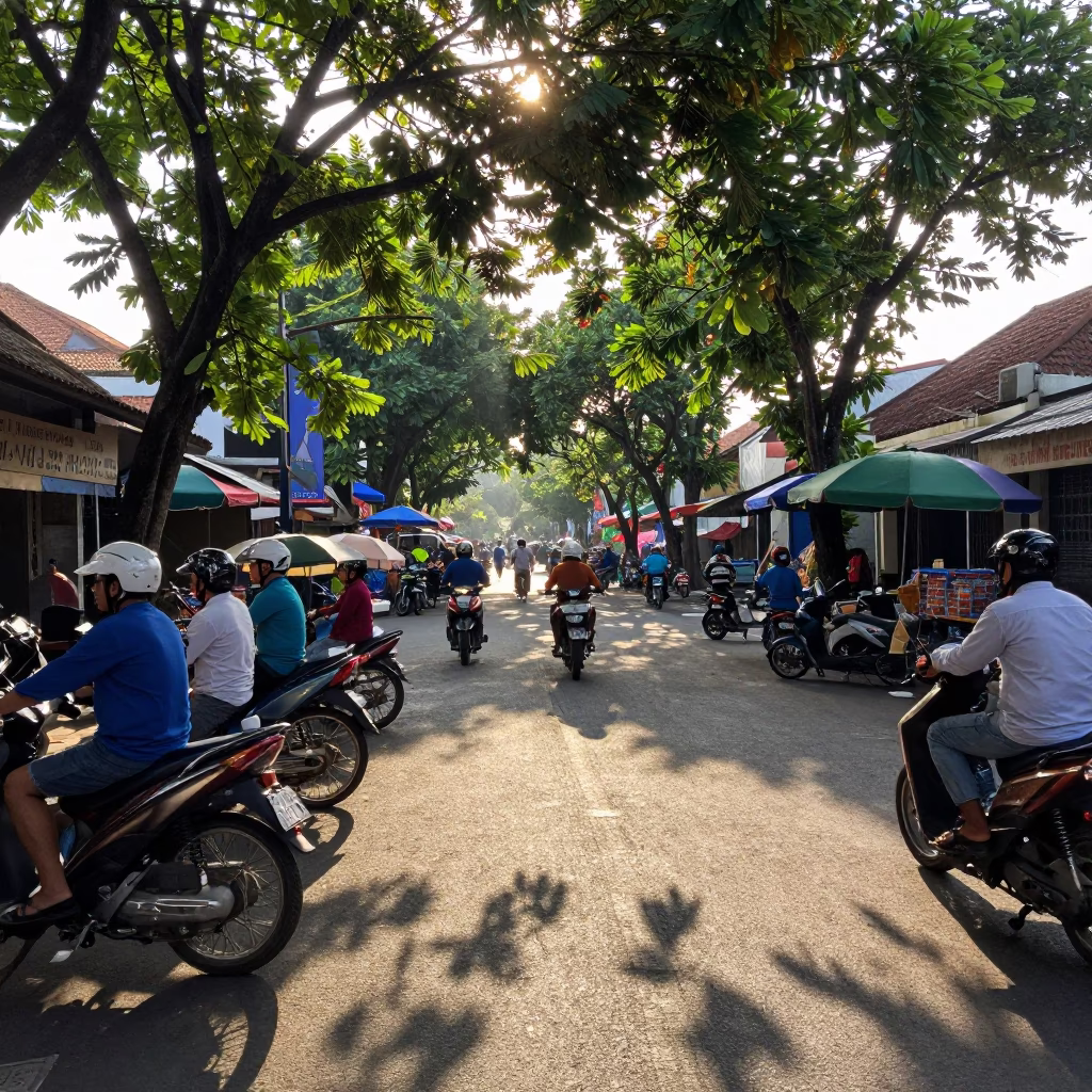 Busy Late Morning Street Scene in Denpasar Indonesia with Local Commerce and Traditional Elements in in Denpasar, Indonesia