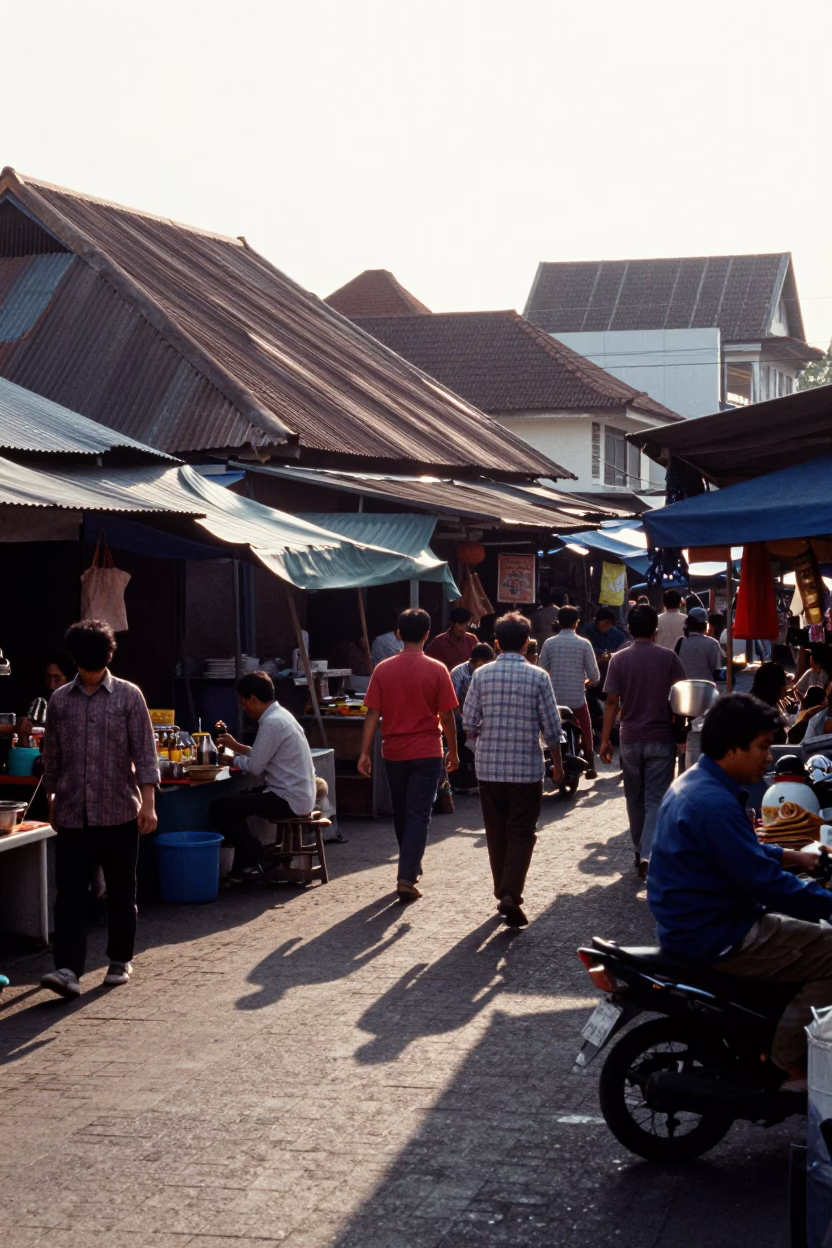 Busy Late Morning Street Scene in Denpasar Indonesia with Traditional Market Activity in in Denpasar, Indonesia