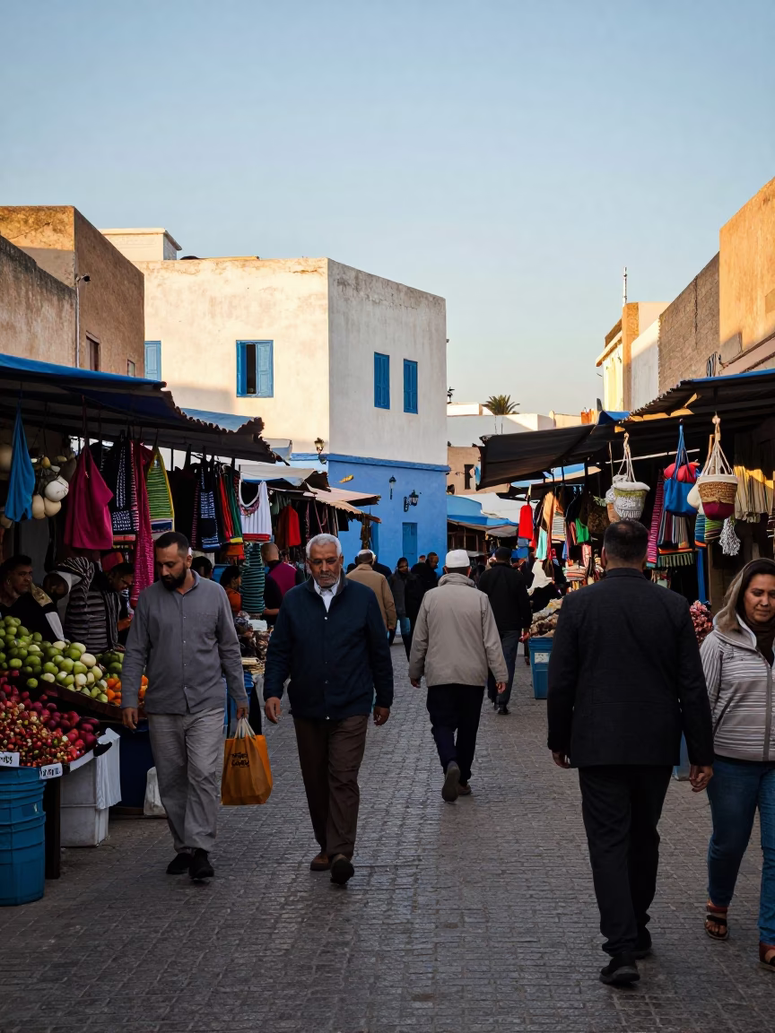 Busy Late Morning Street Scene in Essaouira Morocco with Local Market Activity in in Essaouira, Morocco