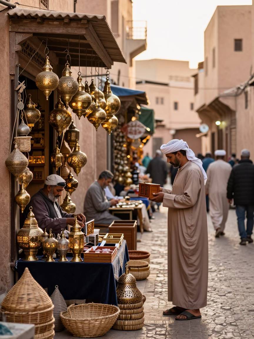 Busy Late Morning Street Scene in Fez Morocco with Traditional Crafts and Local Life in in Fez, Morocco