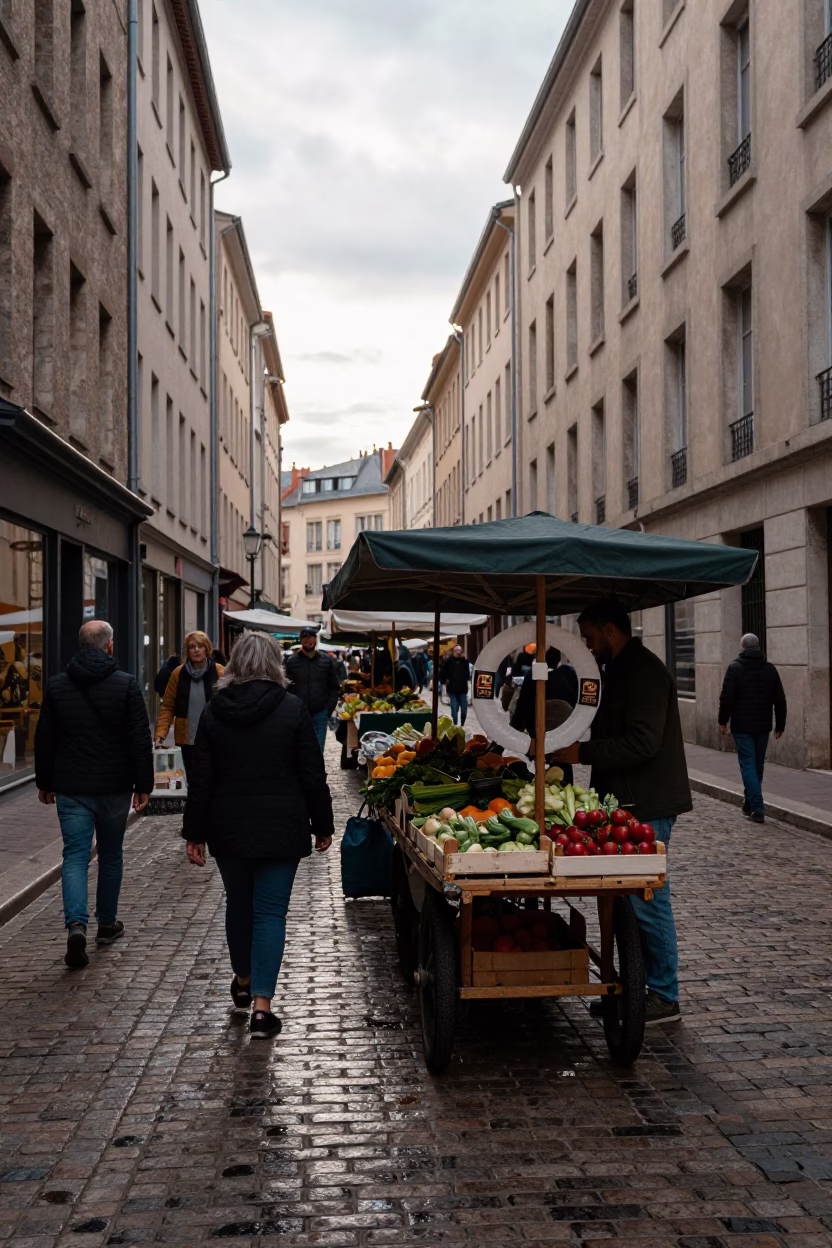 Busy Late Morning Street Scene in Lyon France with Local Market Activity in in Lyon, France