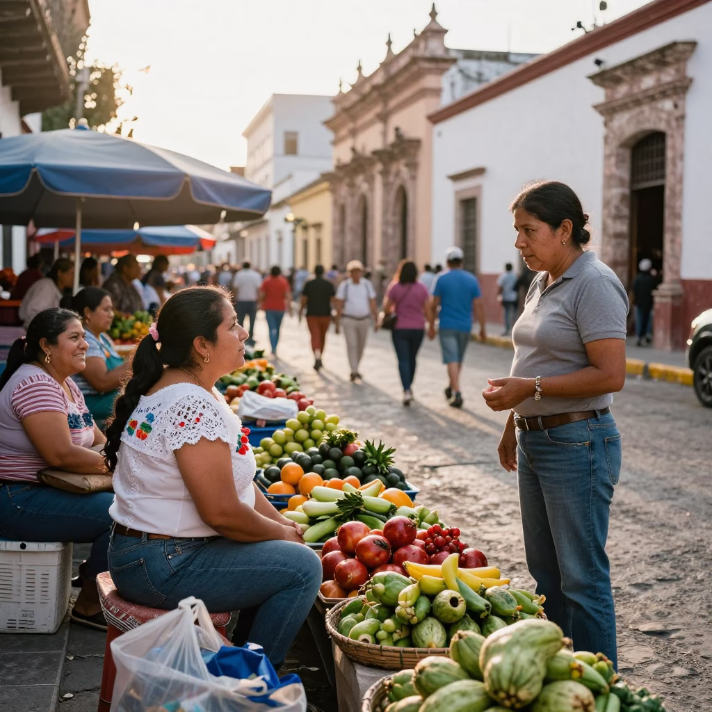 Busy Late Morning Street Scene in Merida Mexico with Local Market Activity in in Merida, Mexico