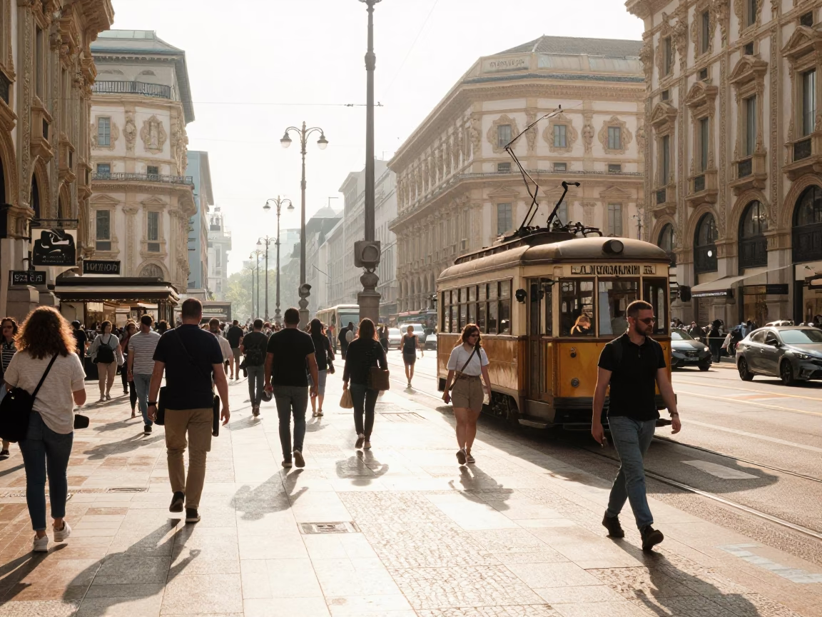 Busy Late Morning Street Scene in Milan Italy with Vintage Elements in in Milan, Italy