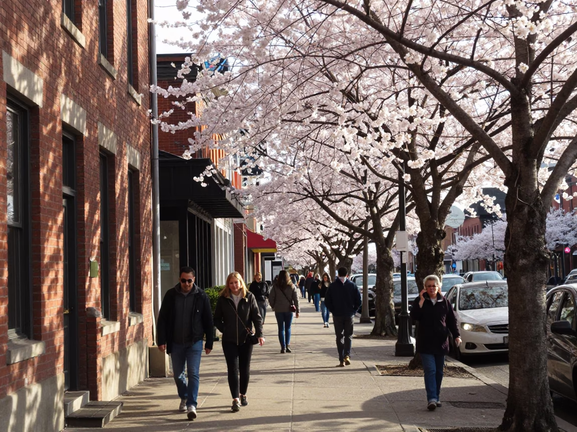 Busy Late Morning Street Scene in Nashville Tennessee with Cherry Blossoms and Tram in in Nashville, Tennessee, United States