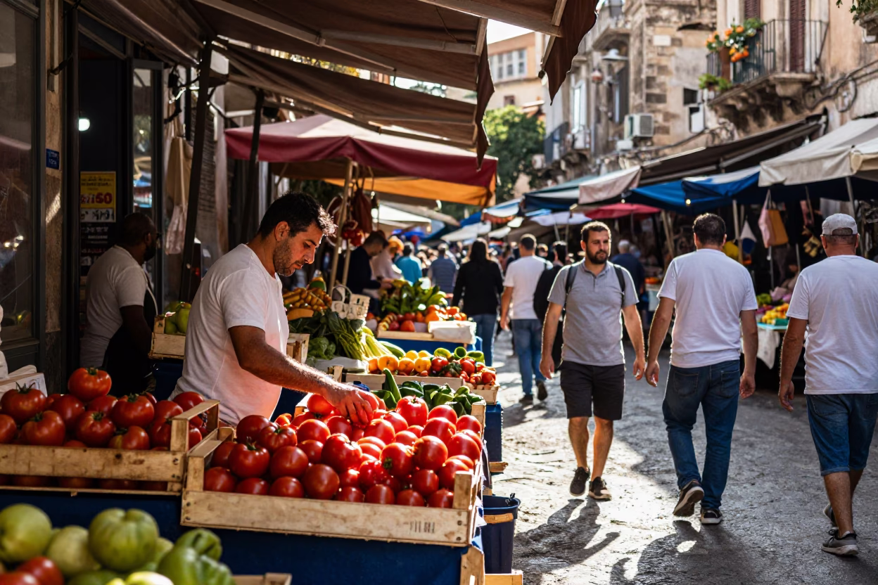 Busy Late Morning Street Scene in Palermo Italy with Local Market Activity in in Palermo, Italy
