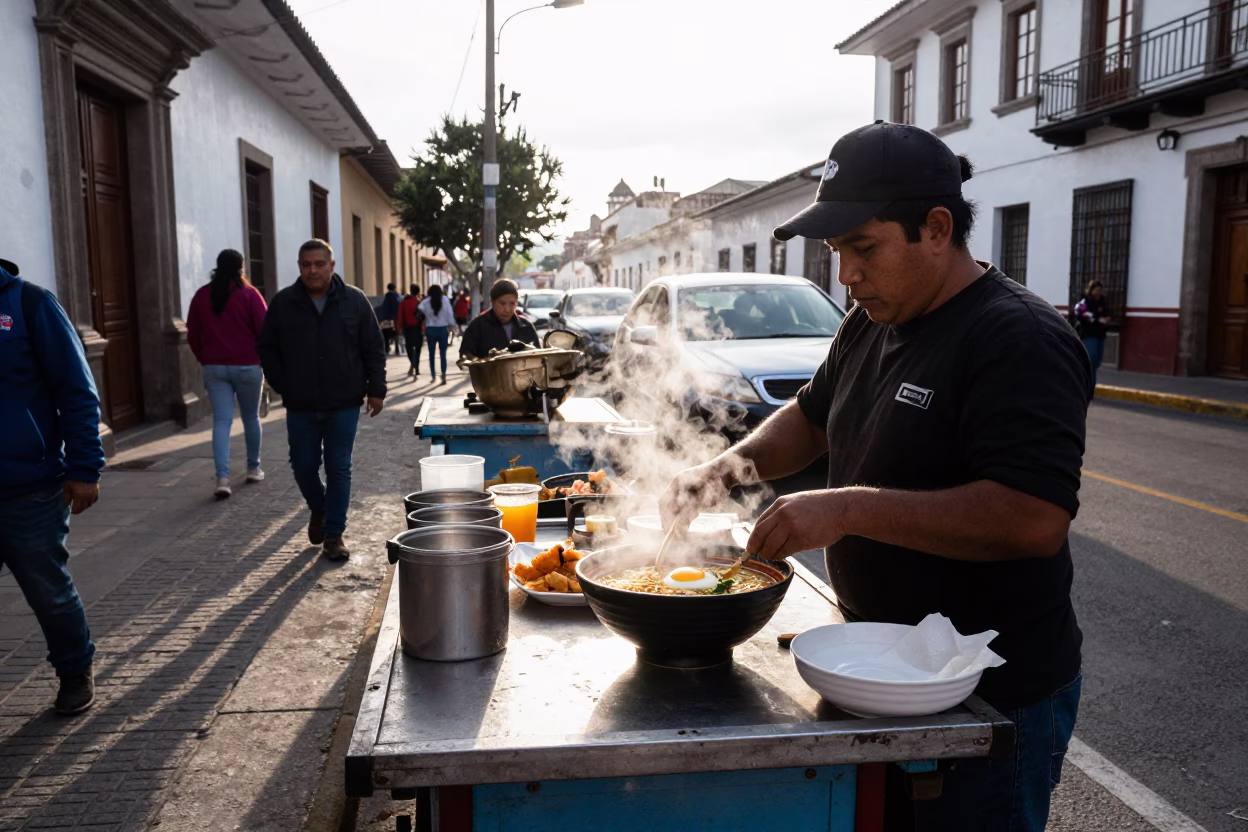 Busy Late Morning Street Scene in Quito Ecuador with Local Food and Kite Reel in in Quito, Ecuador
