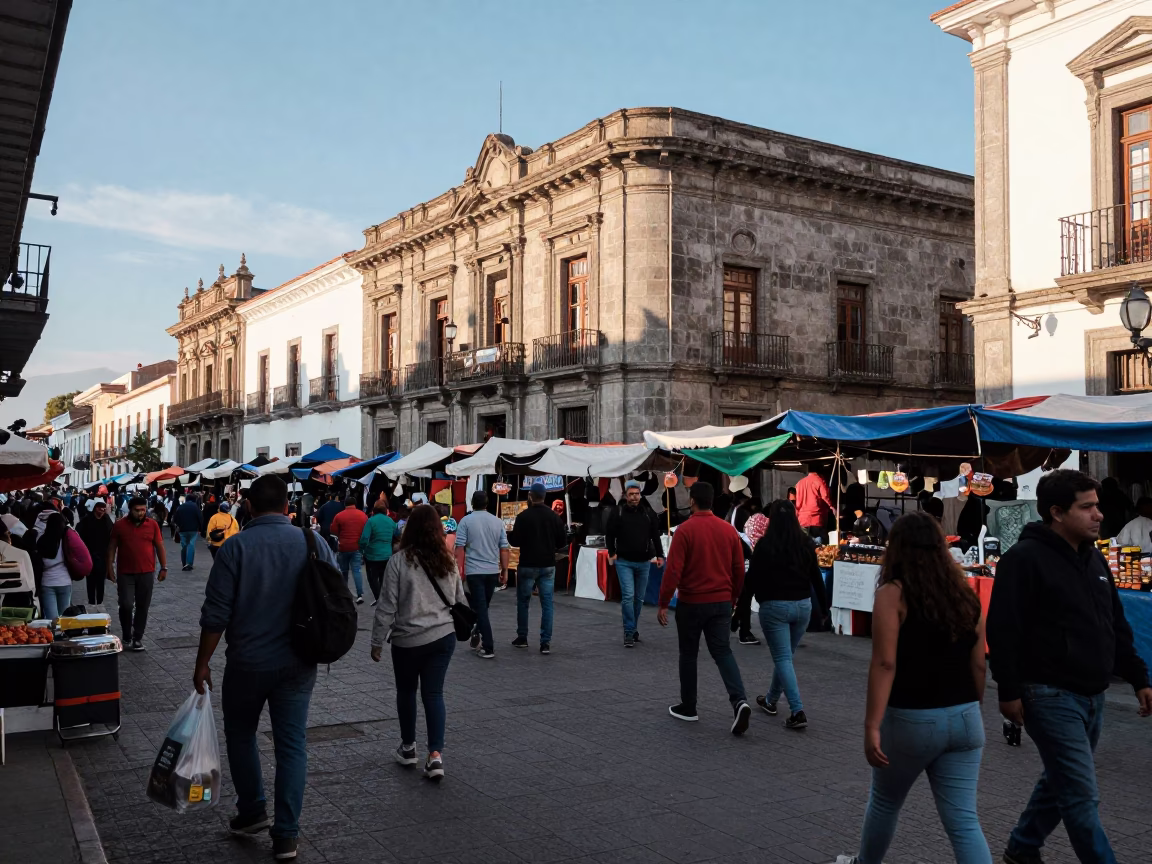 Busy Late Morning Street Scene in Quito Ecuador with Local Market Activity in in Quito, Ecuador