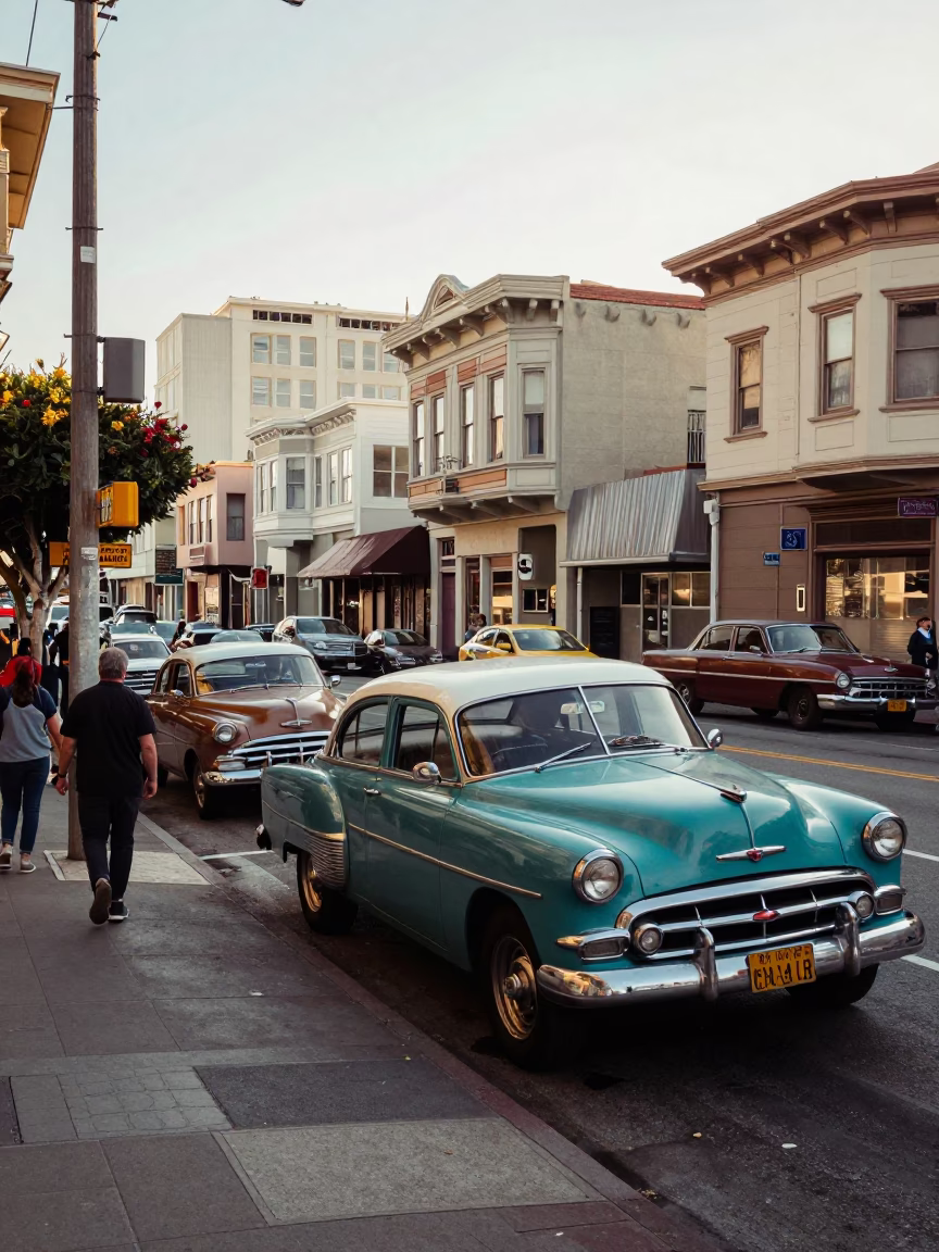 Busy Late Morning Street Scene in San Francisco with Vintage 1950s Atmosphere in in San Francisco, California, United States