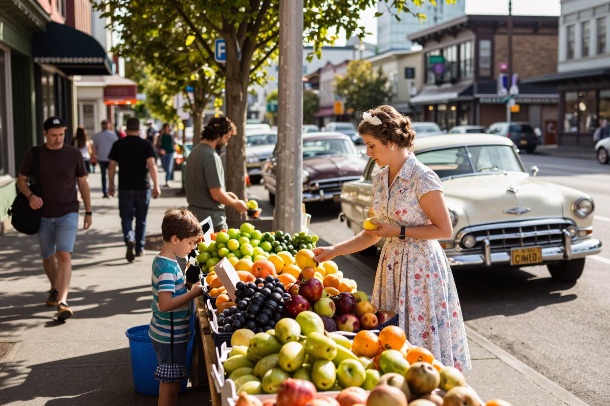 Busy Late Morning Street Scene in Seattle Washington with Vintage 1950s Elements in in Seattle, Washington, United States