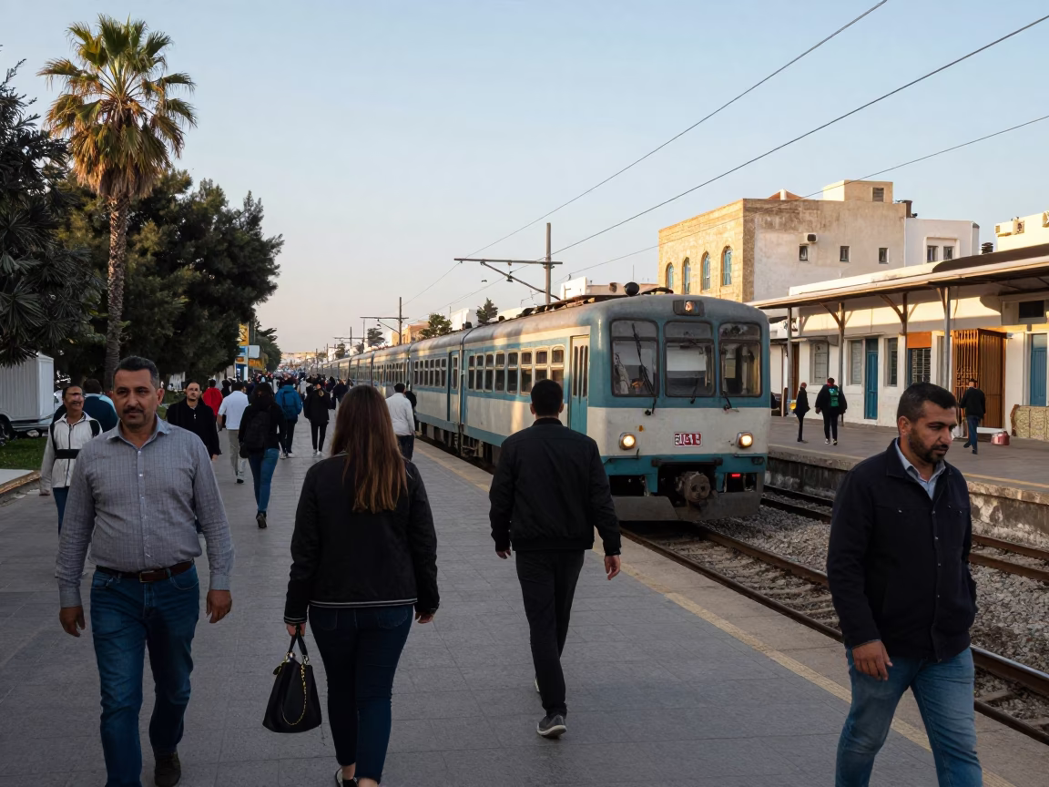 Busy Late Morning Street Scene in Tunis Tunisia with Commuters and Local Architecture in in Tunis, Tunisia