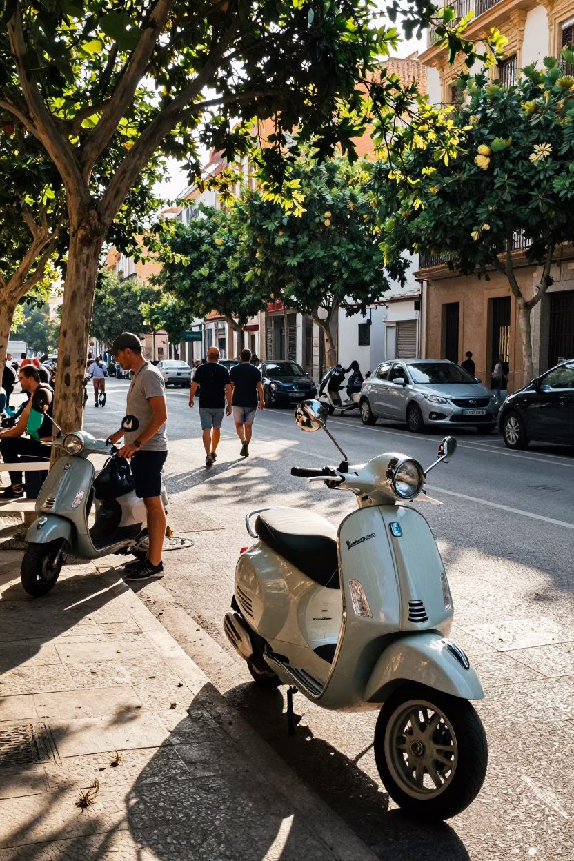 Busy Late Morning Street Scene in Valencia Spain with Vintage Vespa on Cobblestone Lane in in Valencia, Spain