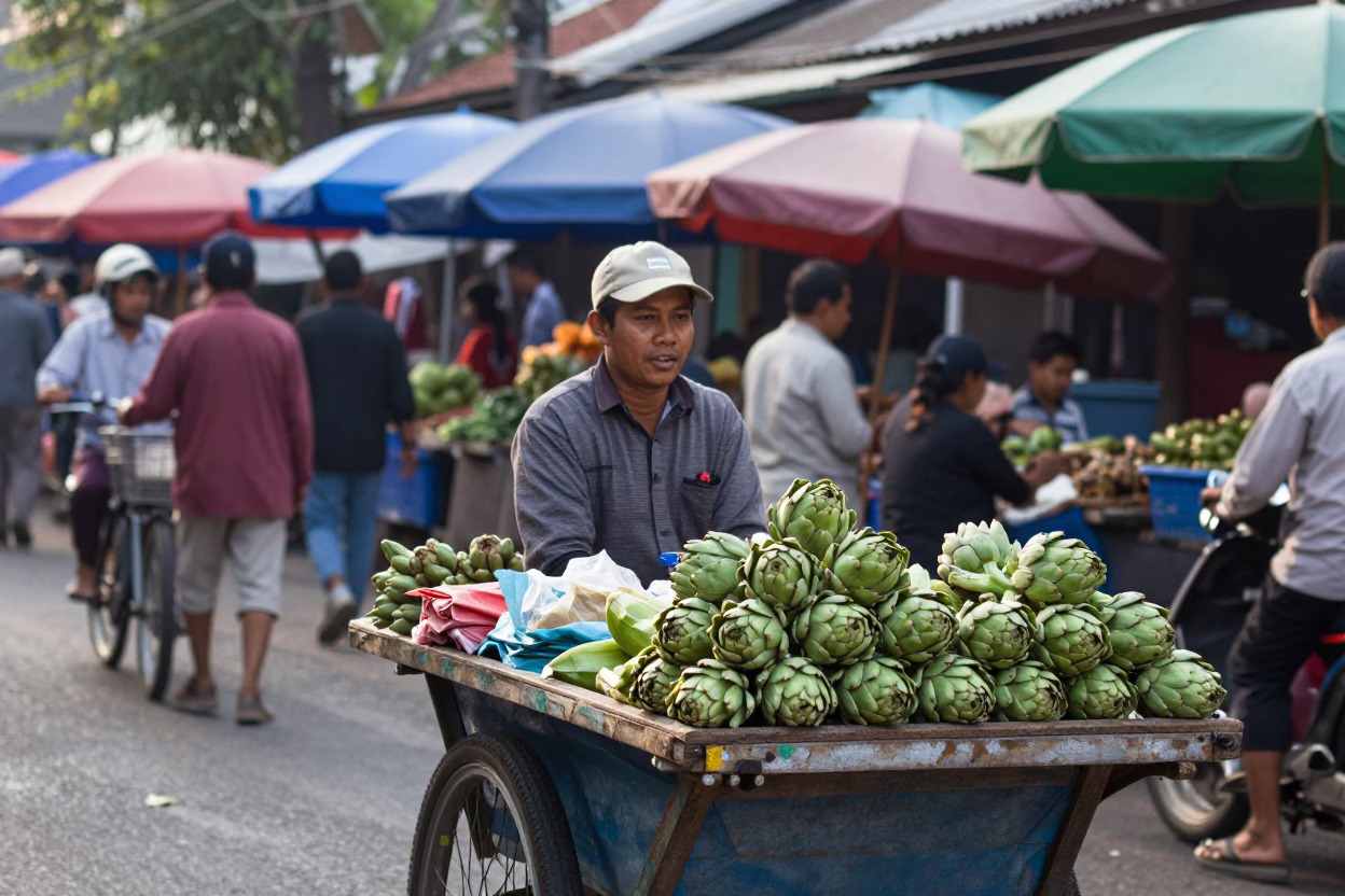 Busy Late Morning Street Scene in Yogyakarta Indonesia with Local Market Activity in in Yogyakarta, Indonesia