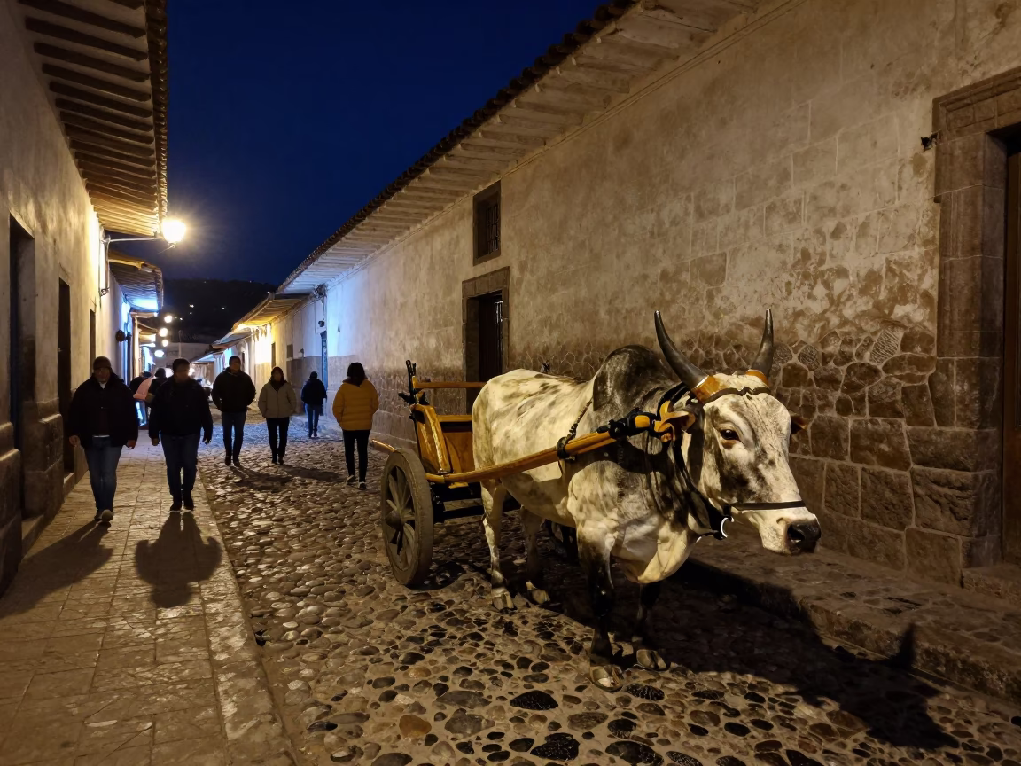 Busy Late Night Street Scene in Cusco Peru with Ox Cart and Motorcycle in in Cusco, Peru