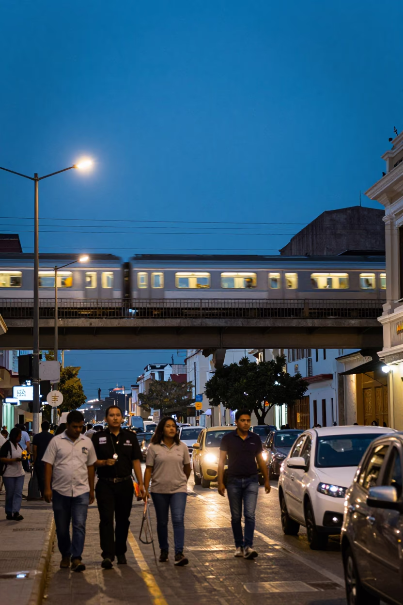 Busy Lima Peru Blue Hour Street Scene with Commuter Train and Valet Stand in in Lima, Peru