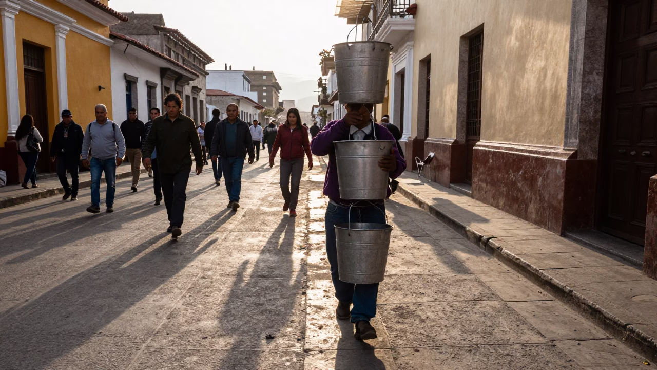Busy Lima Peru Late Afternoon Street Scene with Metal Bucket and Scarf in in Lima, Peru
