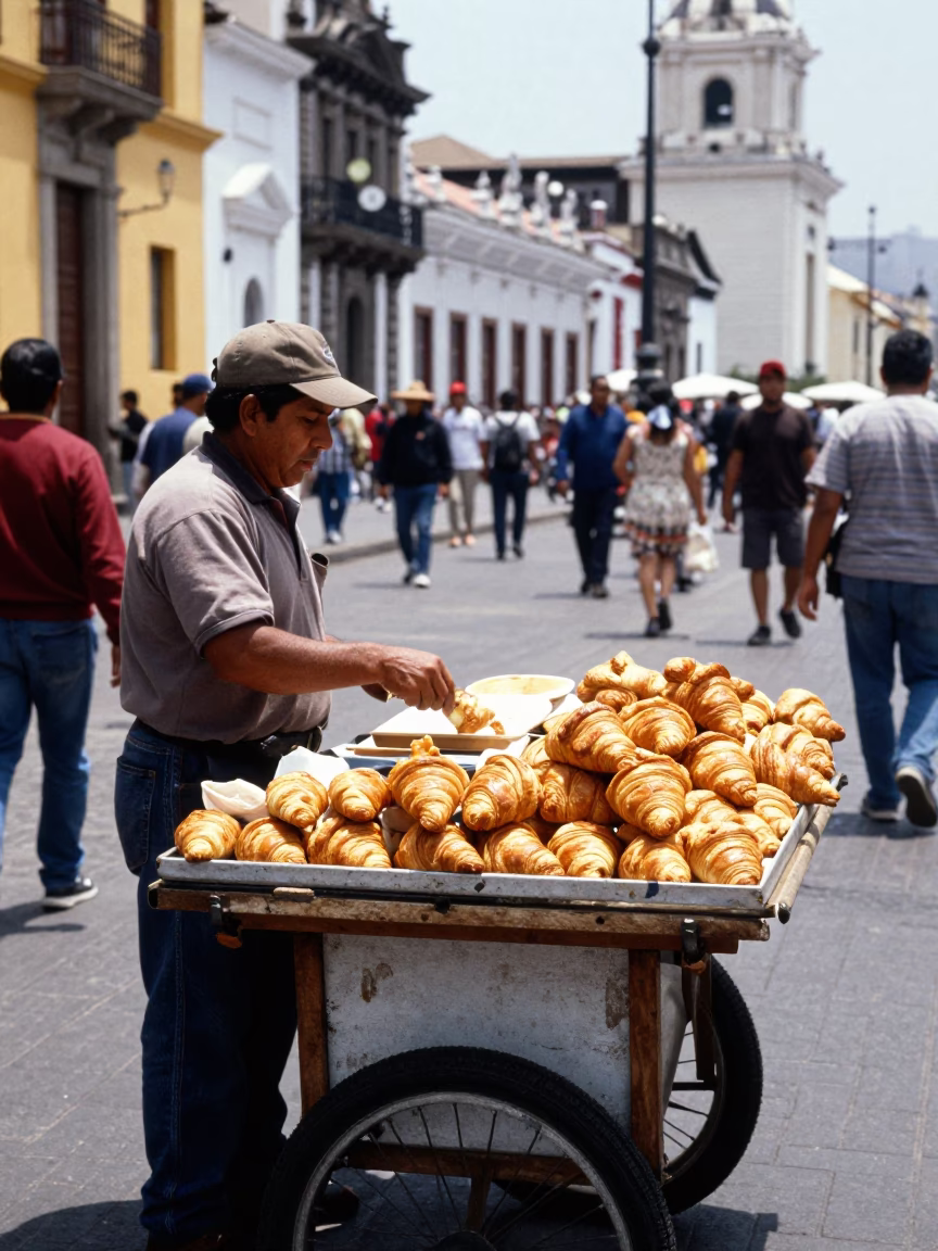 Busy Lima Peru Midday Street Scene with Local Food Vendor and Traditional Ceramics in in Lima, Peru