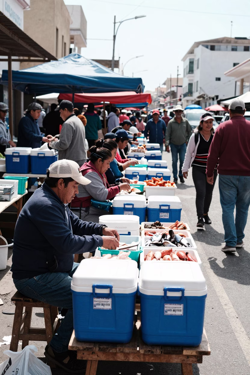 Busy Lima Peru Street Market Morning with Cold Chain Logistics Coolers and Local Commerce in in Lima, Peru