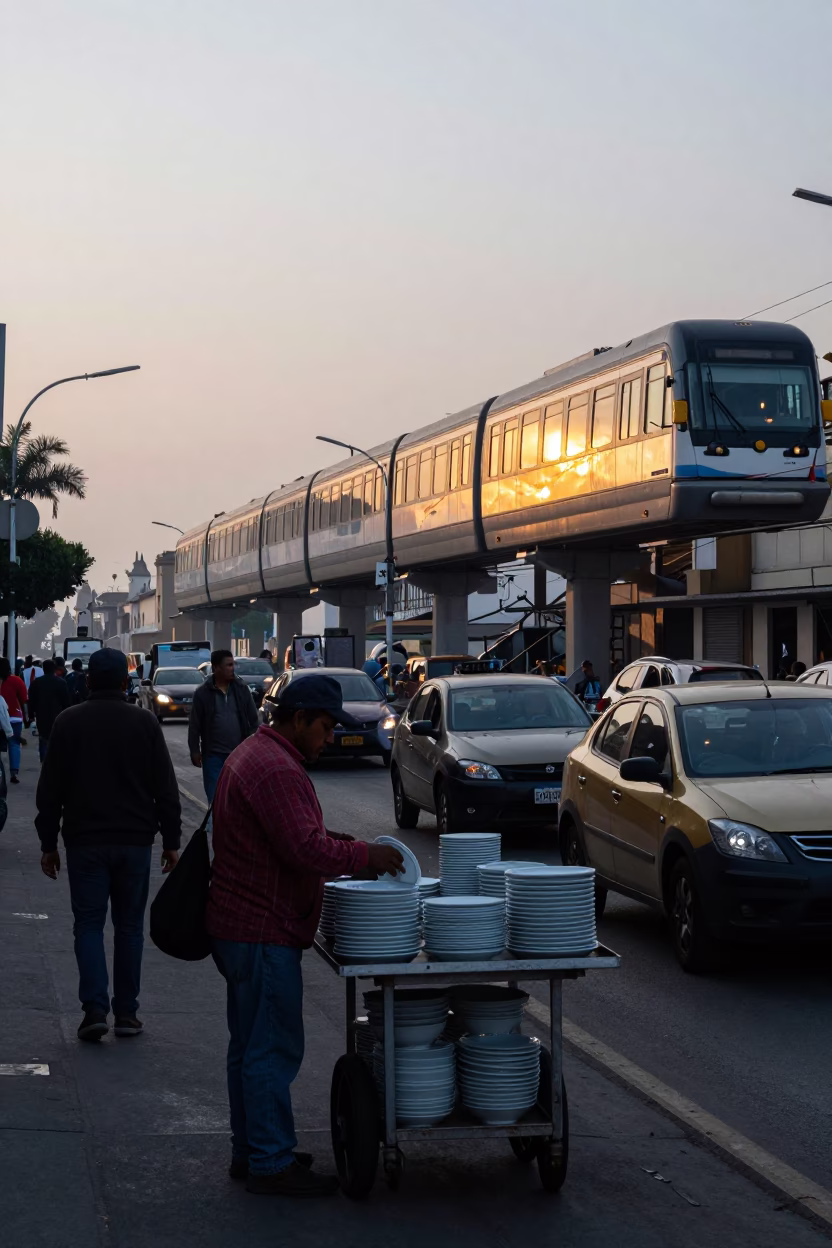 Busy Lima Peru Street Scene Before Sunrise with Monorail Reflection and Local Vendor Activity in in Lima, Peru