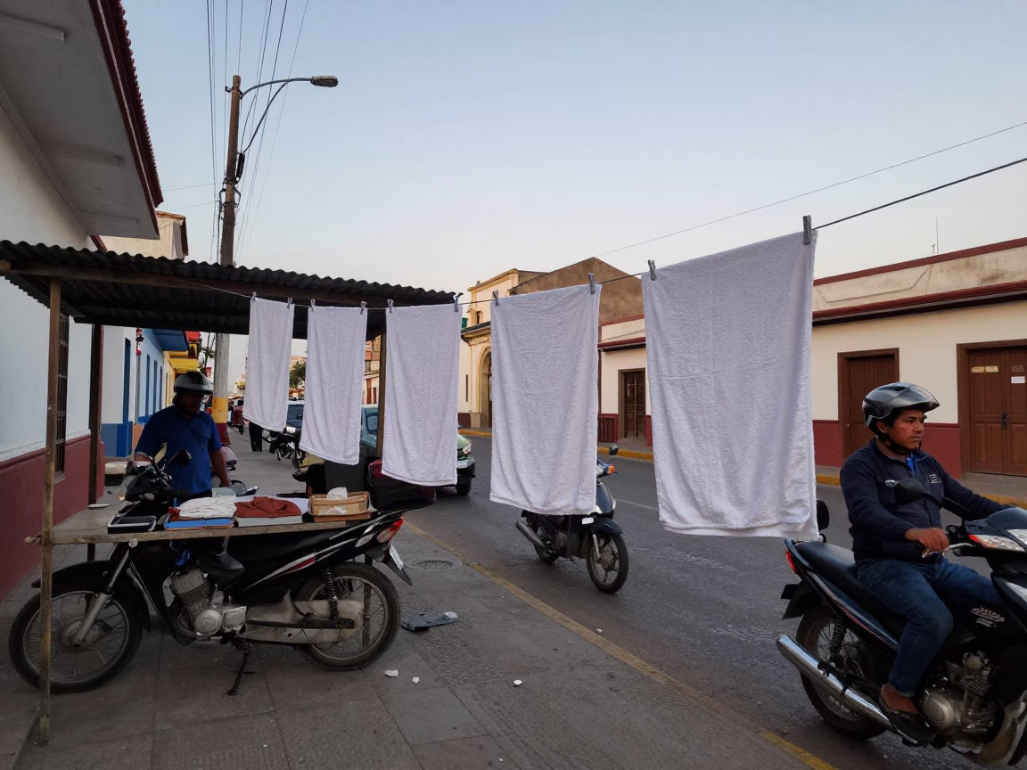 Busy Lima Peru Street Scene Early Evening with Motorcycle and Drying Towels in in Lima, Peru