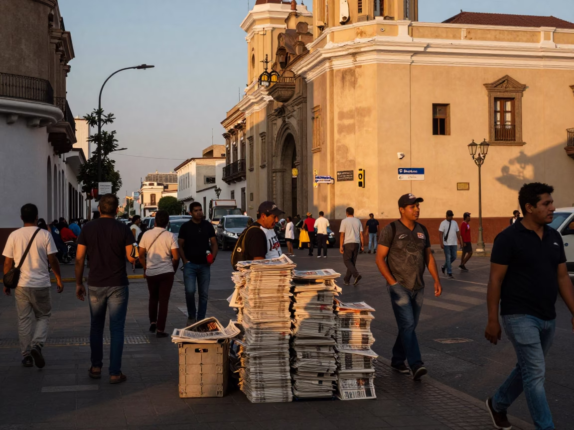 Busy Lima Peru Street Scene Evening Light Newspaper Stack in in Lima, Peru