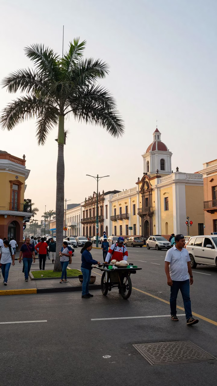 Busy Lima Peru Street Scene Just After Sunrise with Date Palm and Urban Life in in Lima, Peru