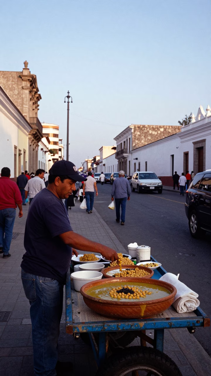 Busy Lima Peru Street Scene Late Afternoon Light with Traditional Food and Urban Details in in Lima, Peru