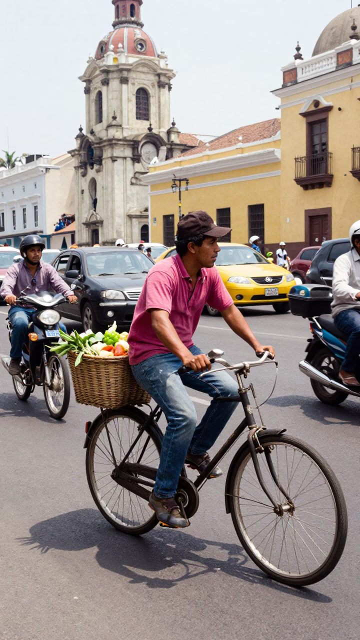 Busy Lima Peru Street Scene Midday with Bicycle Basket and Local Commerce in in Lima, Peru