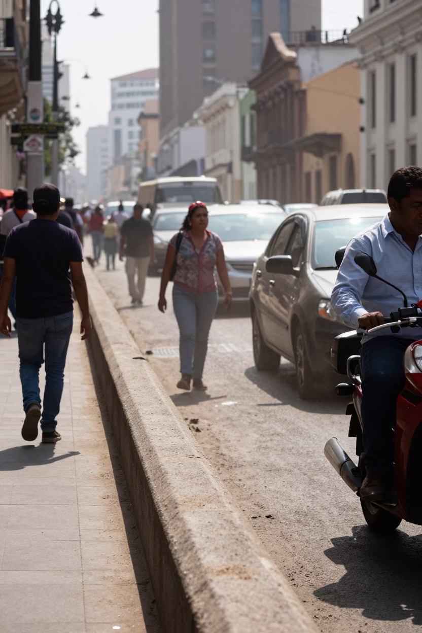 Busy Lima Peru Street Scene Midday with Dusty Pedestrians and Vintage Cars in in Lima, Peru