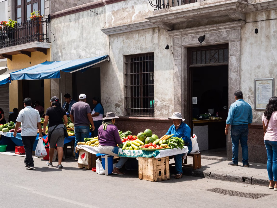 Busy Lima Peru Street Scene with Local Market Activity and Vintage Details in in Lima, Peru