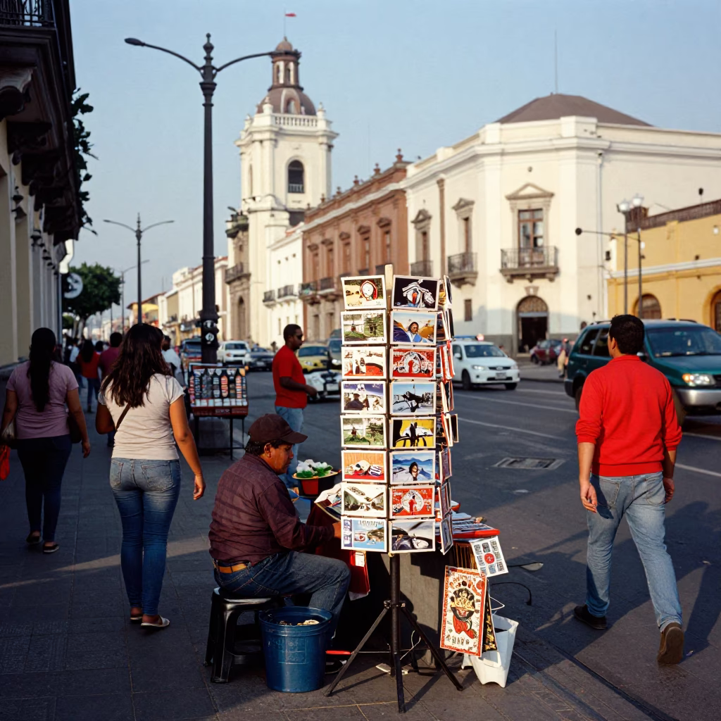 Busy Lima Peru Street Scene with Postcards and Local Commerce in Late Afternoon Light in in Lima, Peru