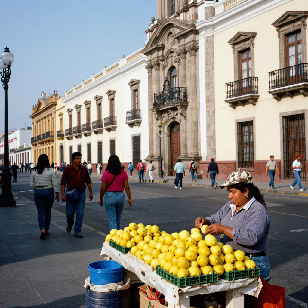 Busy Lima Street Corner Afternoon with Lemons and Local Commerce in in Lima, Peru