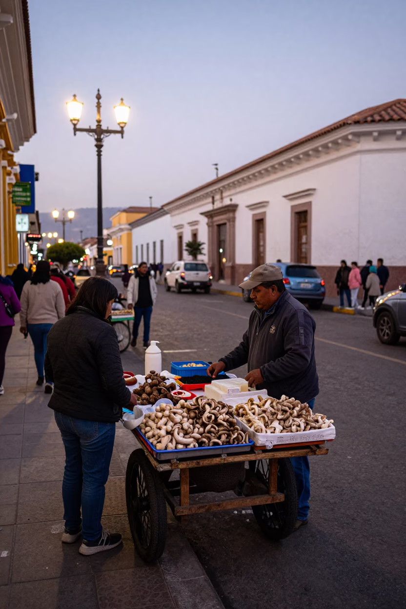 Busy Lima Street Corner Early Evening with Vendor and Mailbox in in Lima, Peru