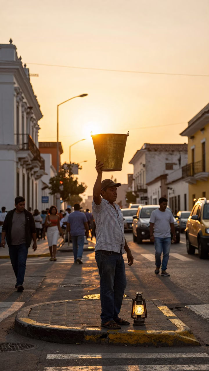 Busy Lima Street Corner Evening Light with Brass Bucket and Lantern Details in in Lima, Peru
