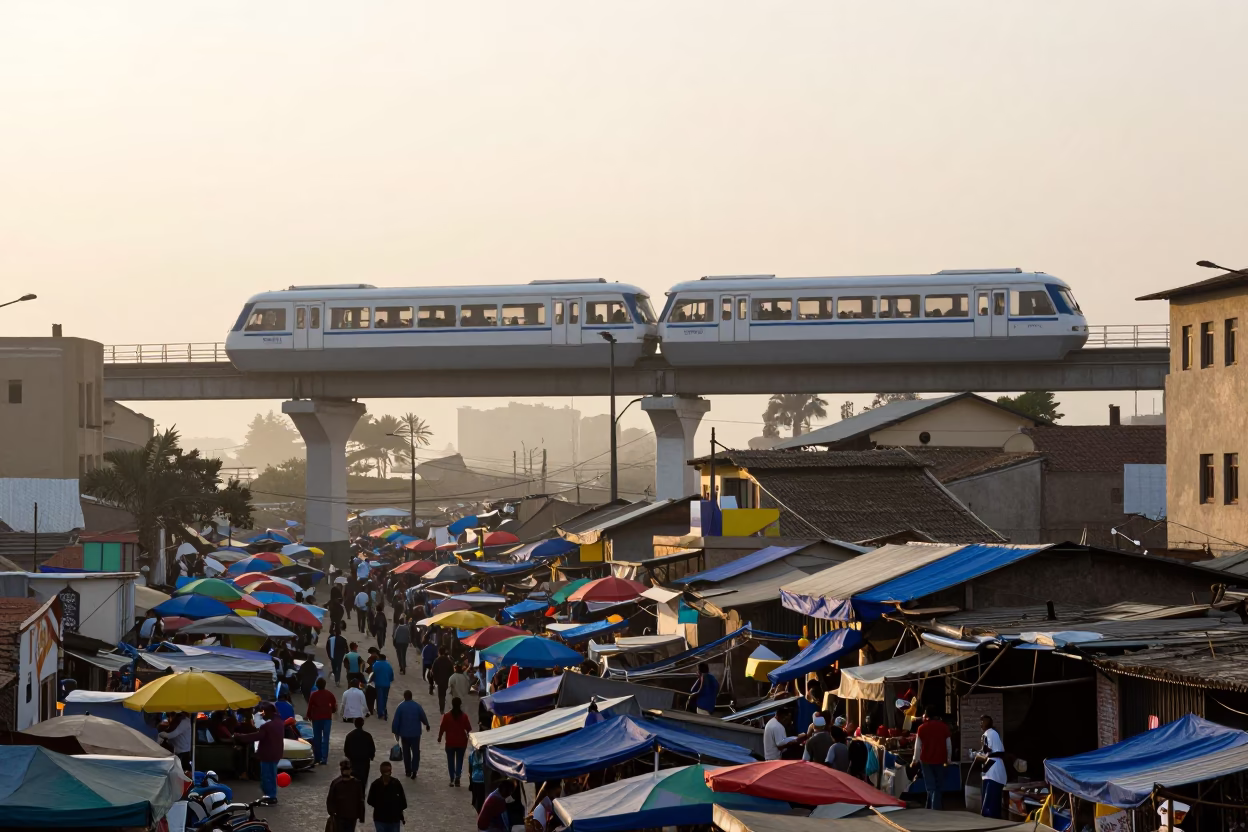 Busy Lima Street Market at Nautical Dawn with Monorail and Local Commerce in in Lima, Peru