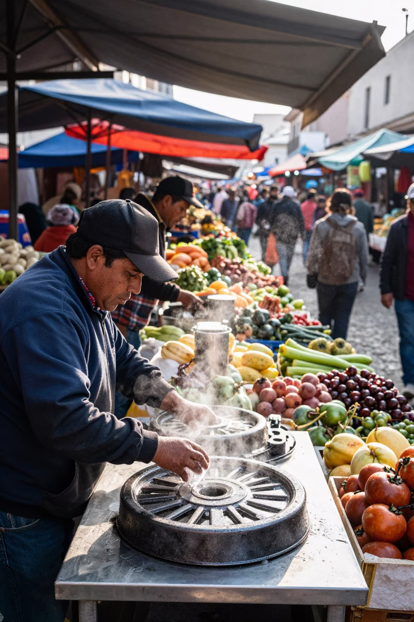 Busy Lima Street Market Morning with Condensation and Cold Chain Logistics Crates in in Lima, Peru