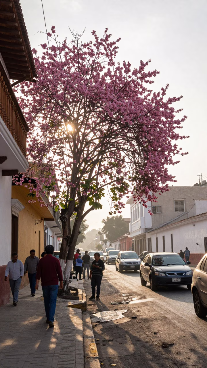 Busy Lima Street Morning with Dogwood Tree Pink Bracts and Dusty Sunbeams Through Slats in in Lima, Peru