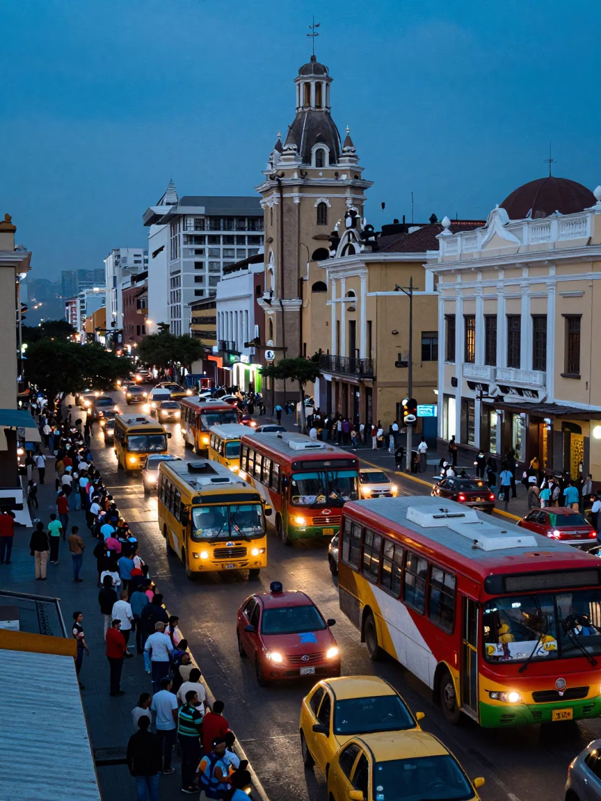 Busy Lima Street Scene at Dusk with Colorful Buses and Crowded Sidewalks in in Lima, Peru