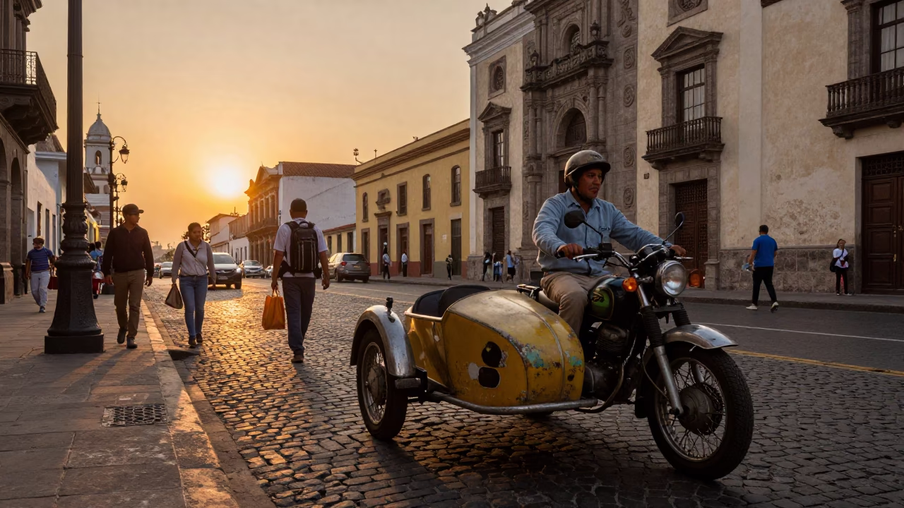 Busy Lima Street Scene at Sunset with Vintage Motorcycle Sidecar and Local Pedestrians in in Lima, Peru