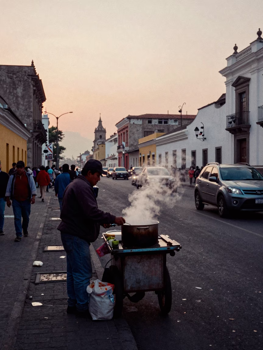 Busy Lima Street Scene Before Dawn with Street Vendor and Vintage Details in in Lima, Peru