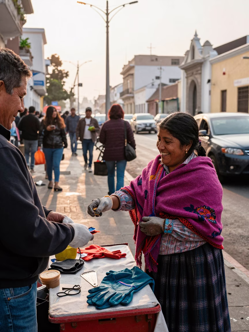 Busy Lima Street Scene Early Afternoon with Work Gloves and Local Interaction in in Lima, Peru