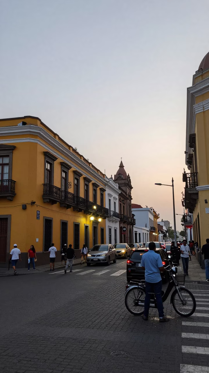 Busy Lima Street Scene Early Evening with Colorful Architecture and Local Commerce in in Lima, Peru