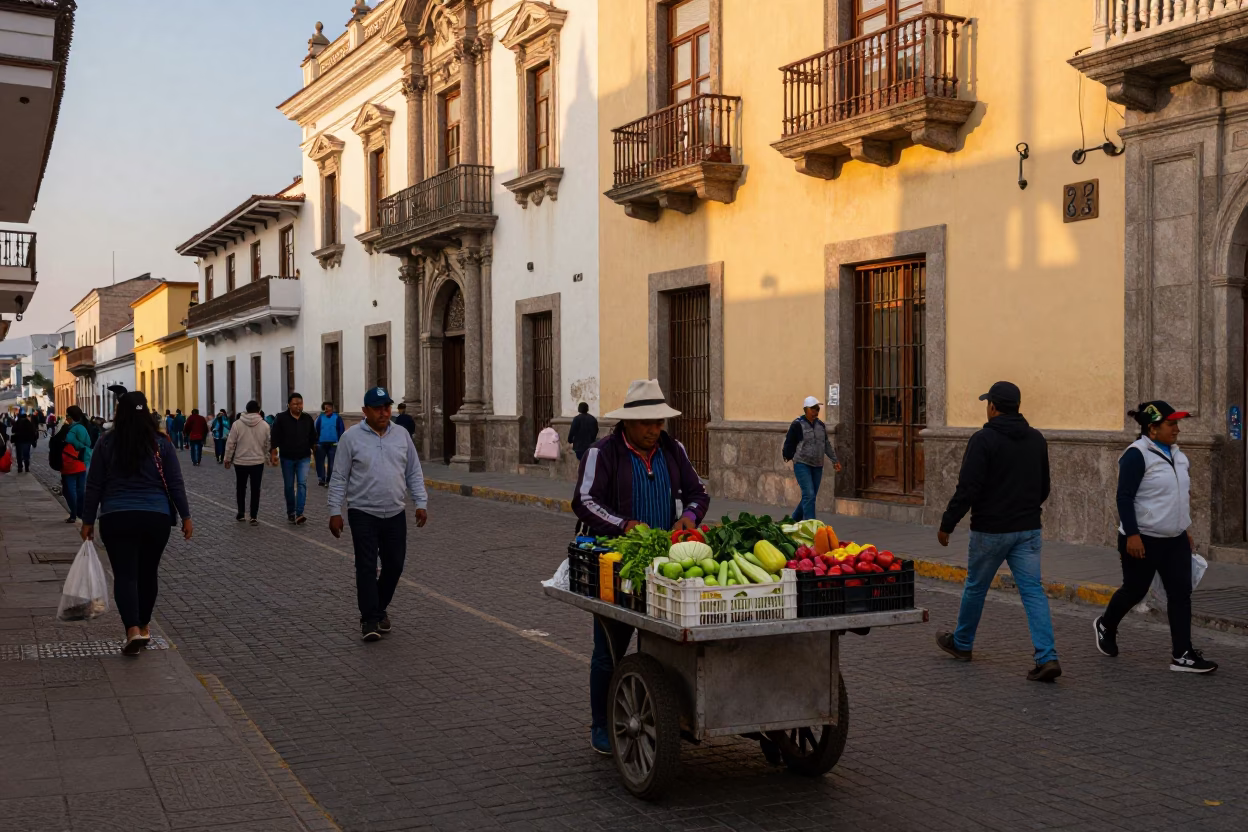 Busy Lima Street Scene in Honeyed Evening Light with Rolling Carts in in Lima, Peru