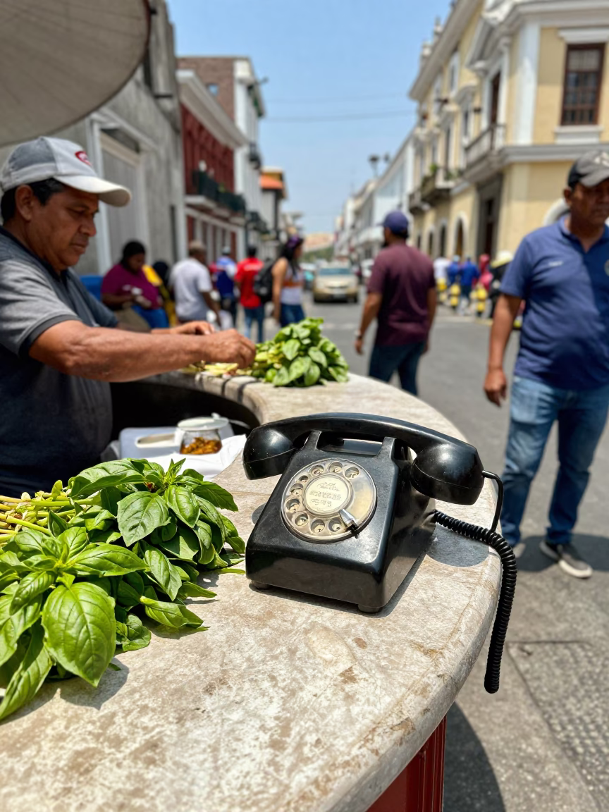 Busy Lima Street Scene Midday with Vintage Bakelite Telephone and Basil Leaves in in Lima, Peru